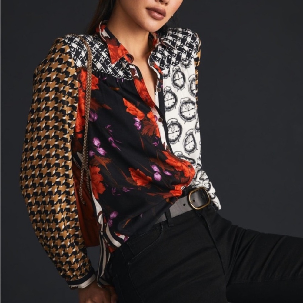 Maeve by Anthropologie The Paz Button Down Shirt Mix Print Novelty X-Small